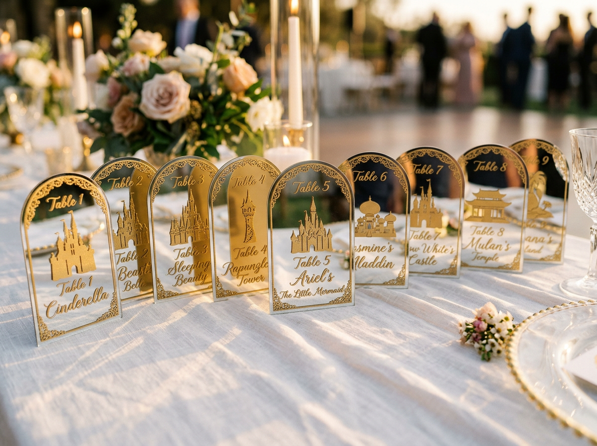 Page: Shop - Wedding Table Plans. Context: AB005 Mirrored Disney table cards £ 5.50 Add to basket